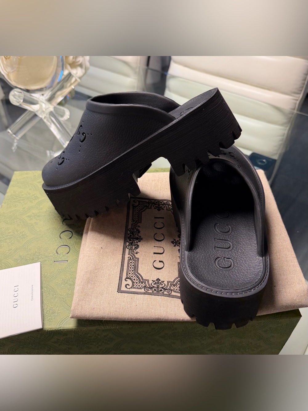 Gucci Black Perforated GG Platform Clog Mules - Picture 9 of 10